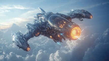 Naklejka premium Futuristic spaceship soaring through a vibrant sky filled with clouds, showcasing advanced technology and imaginative design.