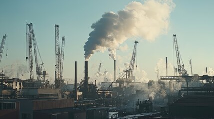 Obraz premium Industrial scene with towering cranes and smokestacks emitting clouds of smoke under a clear sky, symbolizing production and environmental impact.