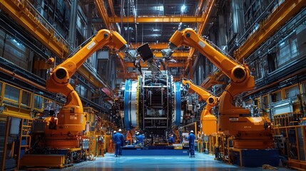 Industrial robotic arms working in a modern manufacturing facility, showcasing advanced technology and automation in action.