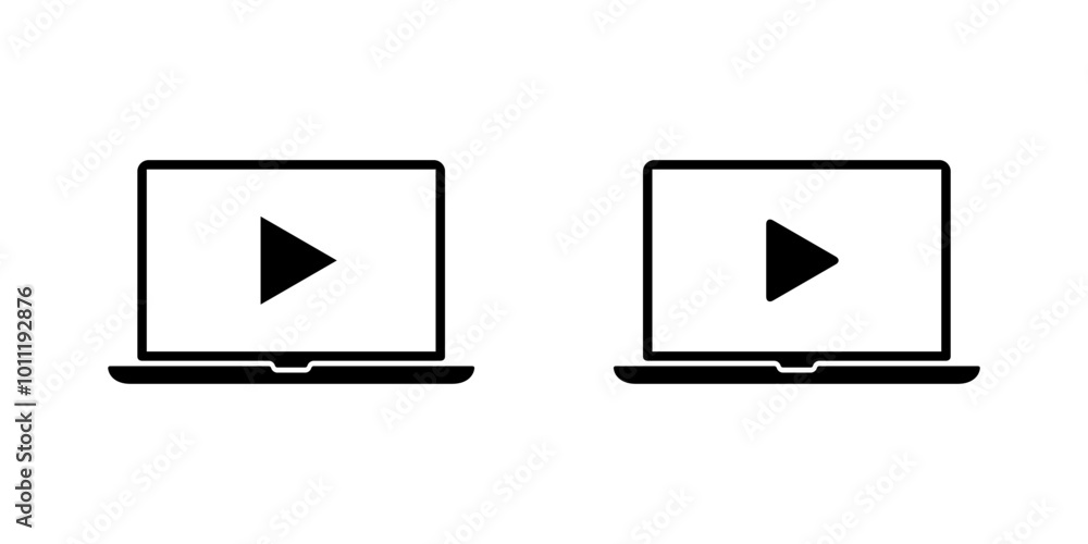 Poster laptop computer with play button icon. video player on computer display illustration