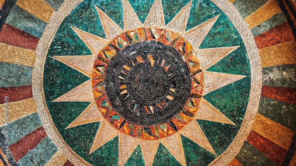Poster Intricate mosaic pattern featuring vibrant colors and geometric shapes creating a stunning focal point on a decorative surface.