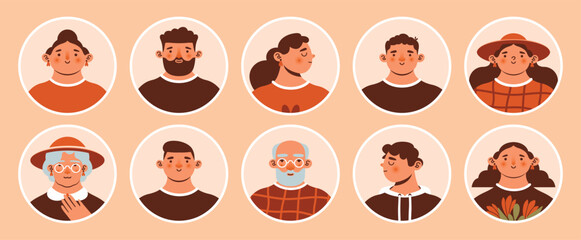 Round avatars with portraits of diverse young and old people. Trendy modern clip arts. Cartoon, minimal, abstract, naive style. Cute funny characters. Man, woman, bearded old man, old women in glasses