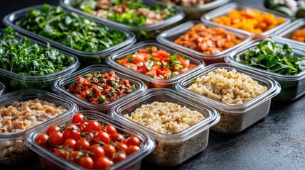 Healthy meal prep with fresh ingredients arranged in clear containers on a dark surface for easy access and organization