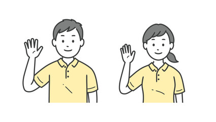 片手を上げて挨拶をする介護士男女の上半身イラスト
