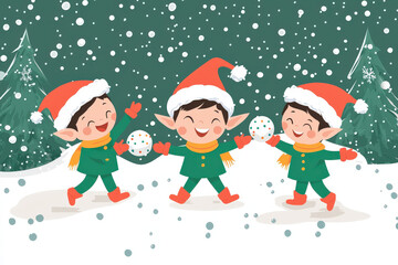 Fototapeta premium Joyful elves are playing in snowball fight, surrounded by falling snow and festive trees, capturing spirit of holiday season