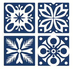 Blue geometric floral tiles ornament flat style. Portuguese azulejo motifs. Vintage Floor Tile geometric design with ornamental element
