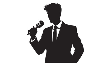 Talk show man with microphone in hand silhouette vector illustration design black and white art