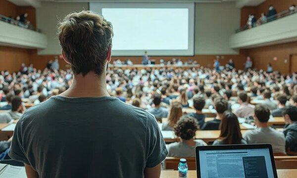 Student Viewing Lecture in Crowded Hall.