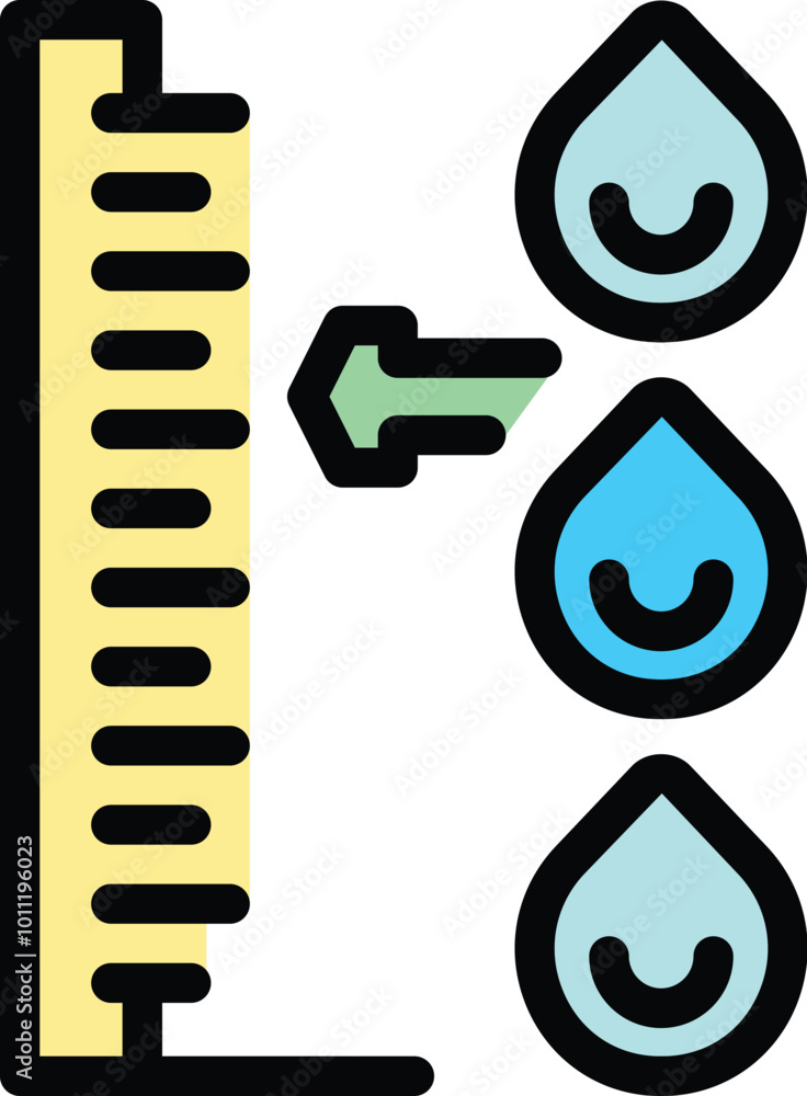 Poster water level indicator with arrow pointing down and water drops, representing low water consumption