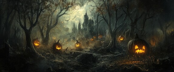 Dark forest with halloween pumpkins and glowing eyes, fantasy illustration