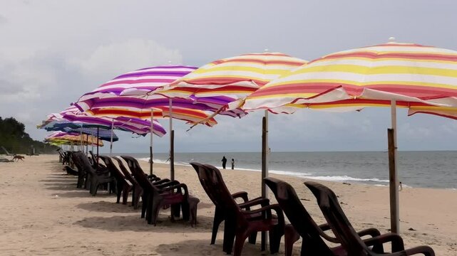 Colorful umbrellas set up for tourists at Marari Beach at Alappuzha, Kerala, India