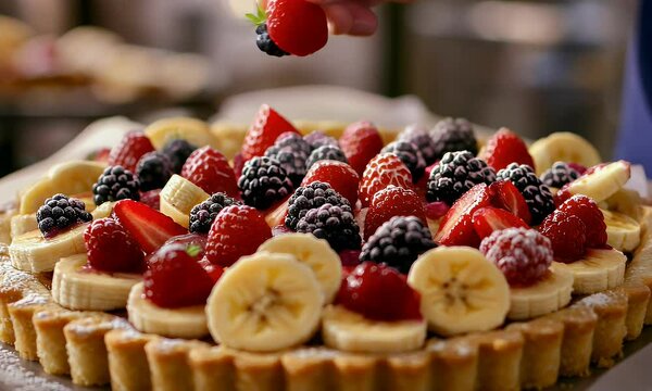 A beautifully arranged fruit tart topped with bananas, strawberries, raspberries, and blackberries.