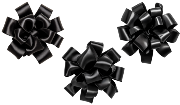 Set of Luxurious Black Satin Gift Bows Elegant Decorative Ribbons for Formal Occasions Isolated on Transparent Background