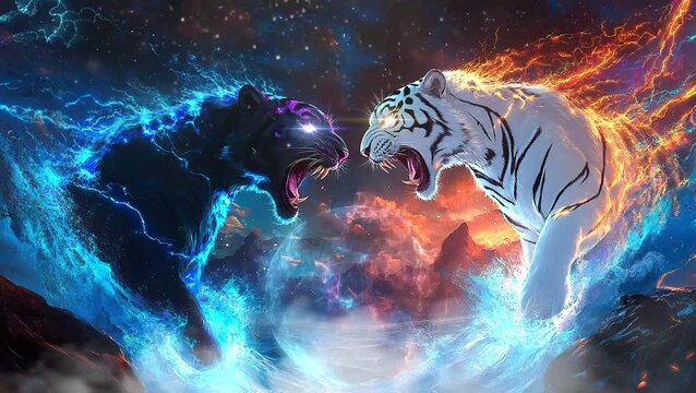 Fiery and Frosty Tigers Battling with Elemental Power. Seamless loop video background
