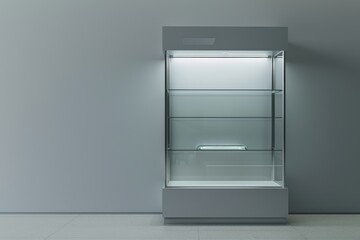Minimalist glass display case with ambient lighting in a modern interior space