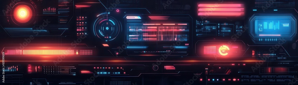 Poster futuristic digital interface with vibrant colors and advanced technology display. ideal for sci-fi a
