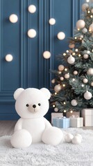 A cozy holiday scene featuring a white teddy bear, festive tree, and decorative lights, perfect for seasonal warmth and cheer.