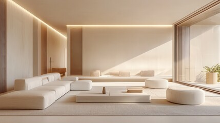 Minimalist contemporary living room design featuring beige and white furniture. The space is illuminated by daylight, creating a fresh and clean mock-up interior.