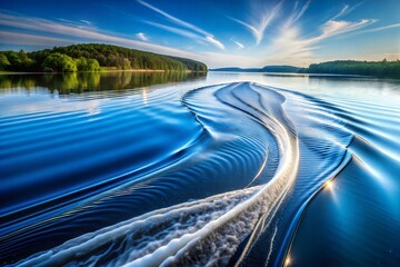 Boat wake on calm lake with sun reflection