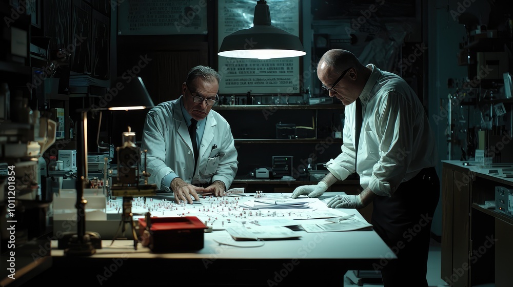 Poster two scientists analyze samples in a dimly lit laboratory, surrounded by various research tools and m