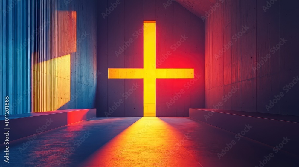 Poster vibrant abstract scene featuring colorful light patterns and a central cross symbol, creating a stri