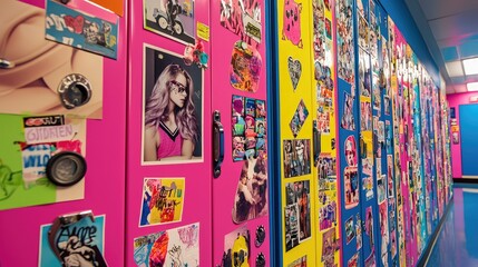 Obraz premium Vibrant and colorful wall filled with eclectic posters, stickers, and visual art, showcasing a creative and youthful atmosphere.