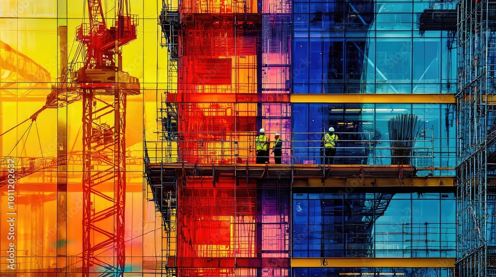 Poster vibrant construction scene showcasing workers amidst colorful scaffolding and modern architecture in
