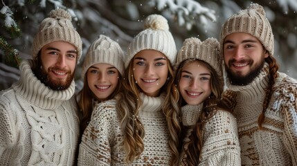 Joyful friends bundled in cozy sweaters laughing together in a snowy forest during winter's embrace. Generative AI