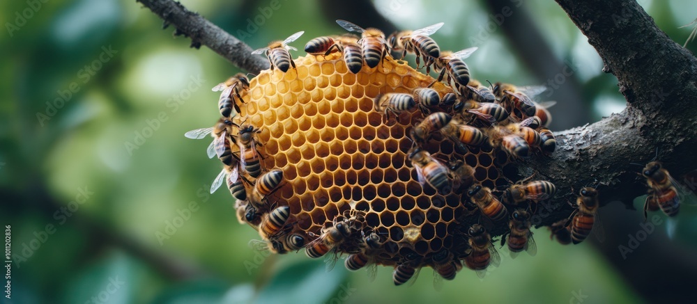 Poster a honeycomb filled with busy bees hangs from a tree branch, surrounded by green foliage.