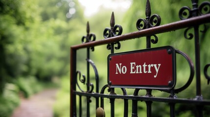 No Entry Sign on Ornate Iron Gate in Lush Green Forest Pathway, AI