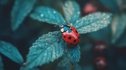 Stunning Ladybug on Green Leaf with Water Droplets