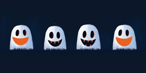 Four playful ghosts with different smiles in a dark night Halloween illustration