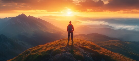 Obraz premium A lone hiker stands on a mountain peak at sunrise, looking out at a breathtaking view of the valley below. The sun is rising over the horizon, casting a warm golden light on the clouds and mountains.
