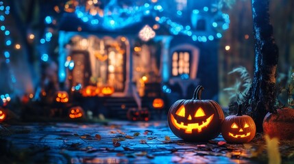 Fototapeta premium Halloween pumpkins and lights in front of a house at night
