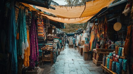 Obraz premium Vibrant market scene showcasing colorful fabrics, crafts, and a lively atmosphere under bright canopies.