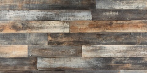 Naklejka premium Weathered wooden wall with horizontal planks in various shades of brown, grey, and white.