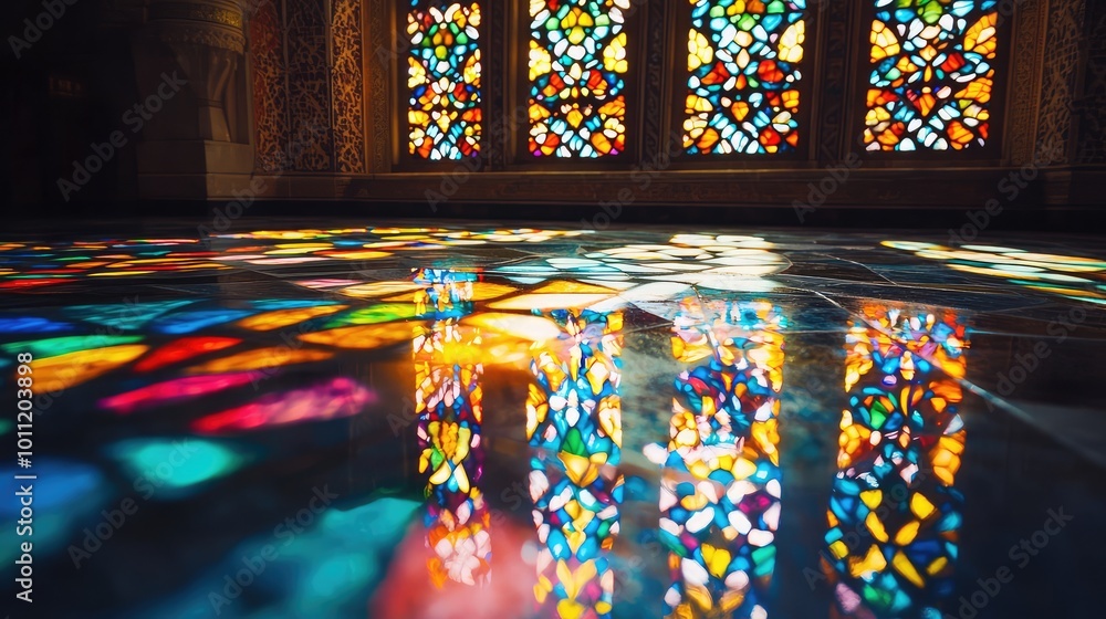 Poster vibrant stained glass windows cast colorful reflections on the floor, creating a mesmerizing display