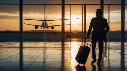 A wealthy businessman carrying a suitcase and standing in the airport waiting room looking at a passing plane, perfect for illustrating a journey.. 