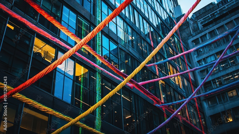Poster vibrant urban scene showcasing colorful ropes draped across modern buildings, creating an artistic a