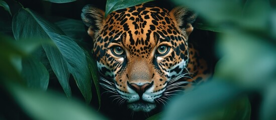 A jaguar's face peeks through lush green foliage, its piercing gaze captivating.