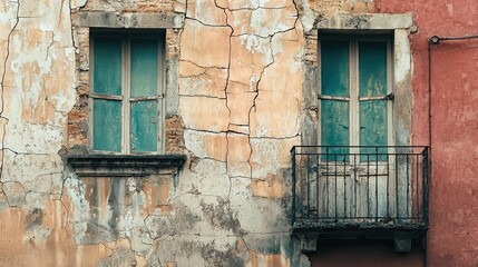 Weathered building facade with cracked walls and vintage windows, showcasing rustic architecture and unique textures.
