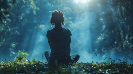 Fototapeta premium Girl meditating .A serene moment of meditation in a misty forest during the early morning light. Generative AI