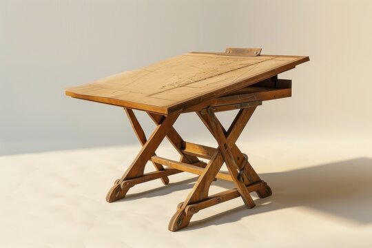 Wooden drafting table with adjustable angle in a bright workspace