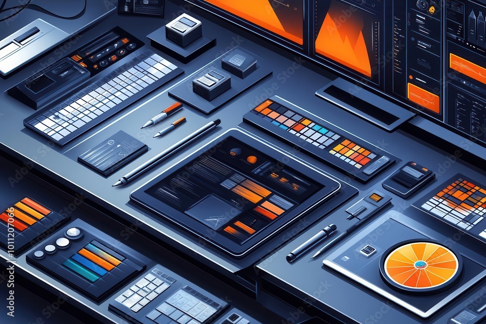 Poster stylish workspace with advanced technology, featuring digital interfaces and vibrant design elements