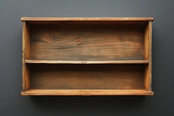 Rustic wooden shelf with two compartments against a dark background