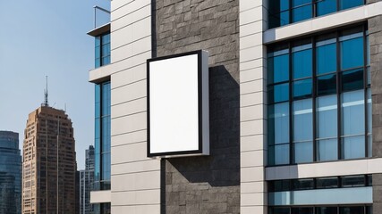 Obraz premium A white billboard sits on a city street, surrounded by tall buildings suitable for promotion product