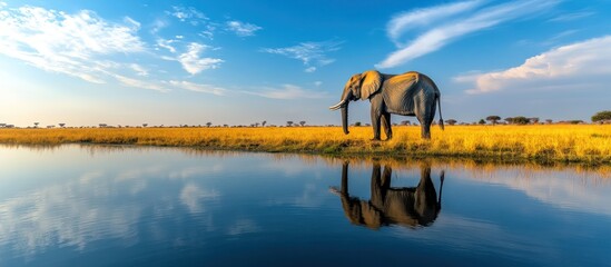 An elephant stands by a calm river, its reflection mirroring the blue sky and fluffy white clouds overhead.