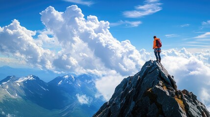 Hiker Standing on Mountain Peak Looking Over Scenic Horizon