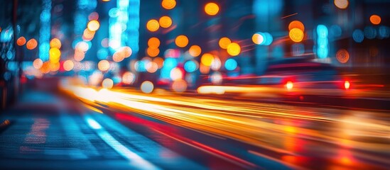 Abstract city lights at night with blurred lights and streaking traffic.
