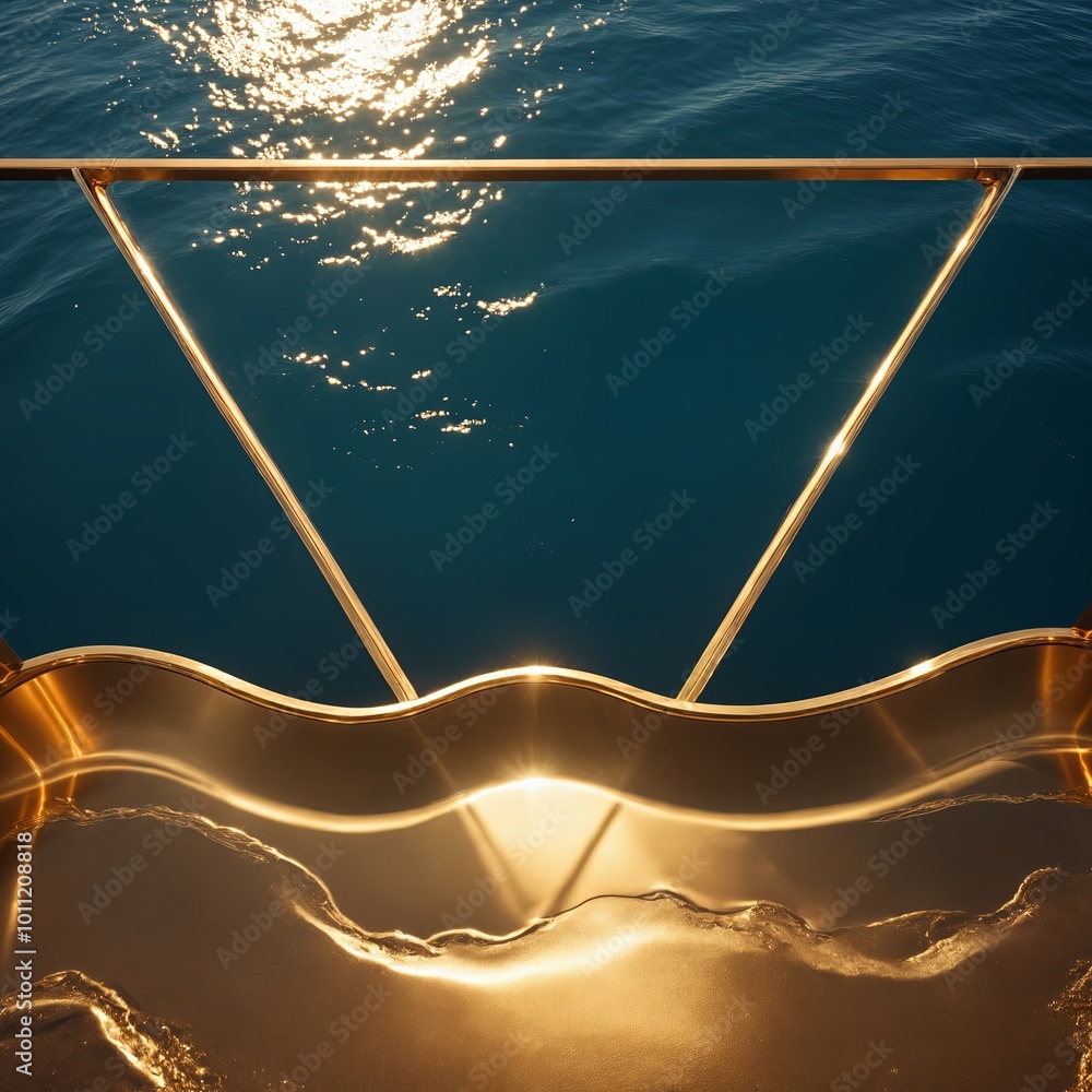 Poster golden, reflective surface elegantly flows into the deep blue ocean, with angular lines forming a fr